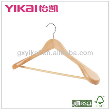 wooden coat hanger with round bar and wide shoulder